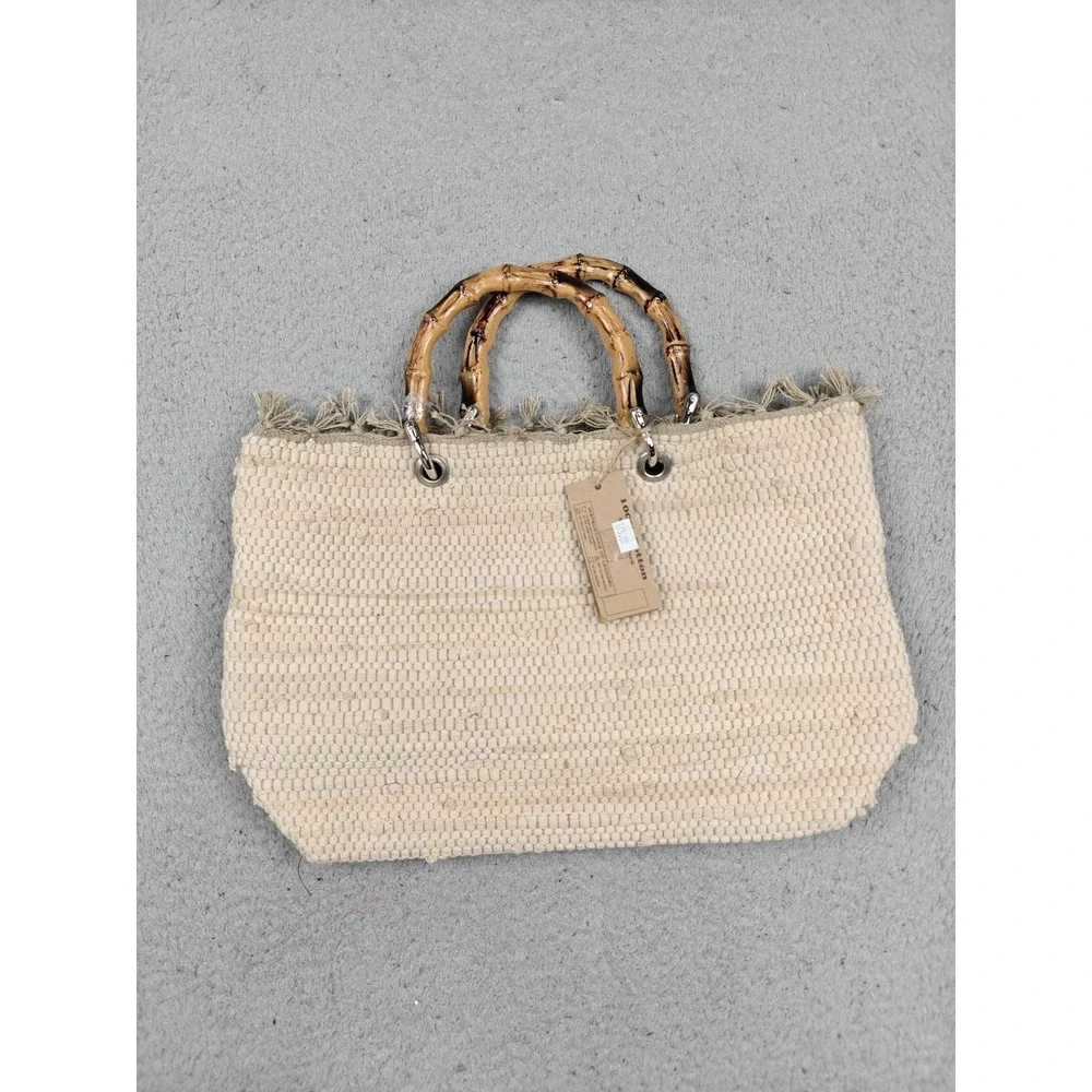 Beach Queen Tote Bag Womens Large Beige LOVE Shell‎ Bamboo Handles Woven Beach